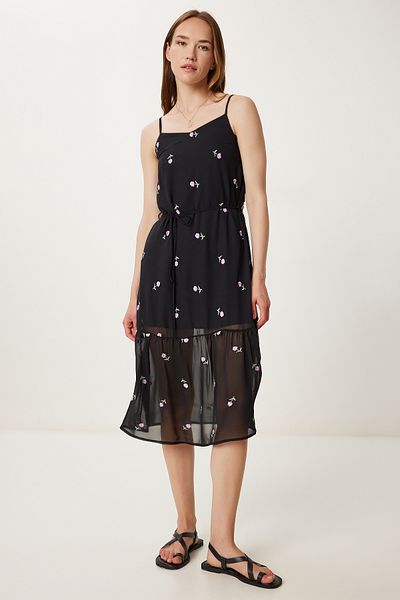 Happiness İstanbul Women Black Lilac Flower Embroidery Summer Chiffon Dress Tp00051