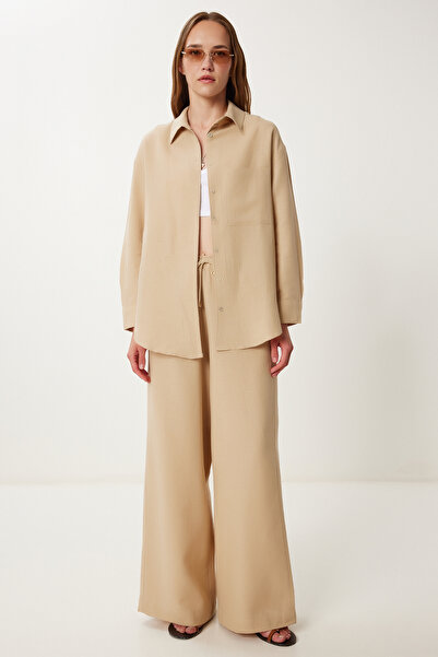 Happiness İstanbul Women's Beige Oversize Linen Shirt Pants Set Wf00118