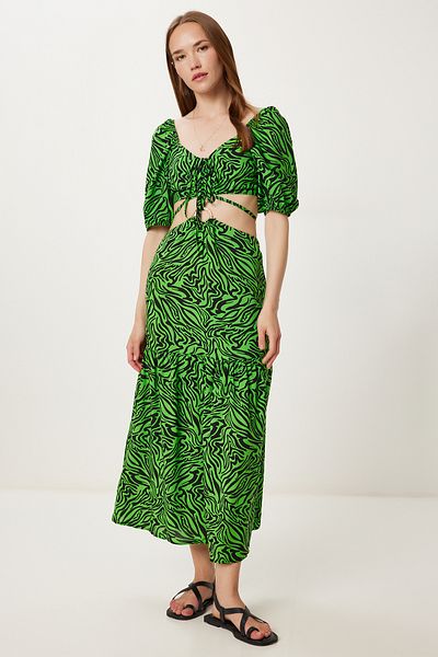 Happiness İstanbul Women's Green Black Patterned Crop Blouse Skirt Set Fk00033