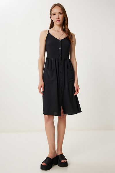 Happiness İstanbul Women's Black Strap Button Summer Ayrobin Dress Gx00007