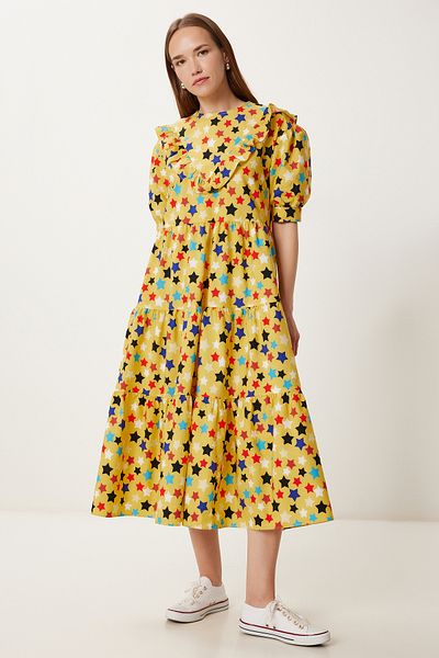 Happiness İstanbul Rochie de vară midi din poplin cu model galben FK00032