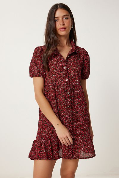 Happiness İstanbul Burgunderrot-schwarz gemustertes, strukturiertes Sommer-Webkleid für Damen TP00067