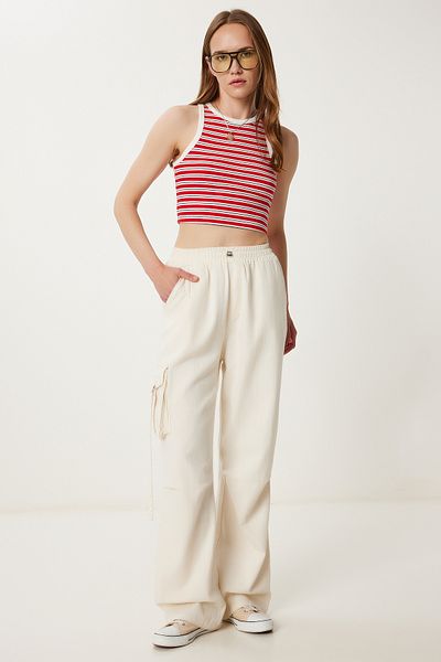Happiness İstanbul Women's Cream Cargo Pocket Wide Leg Linen Trousers Pb00043