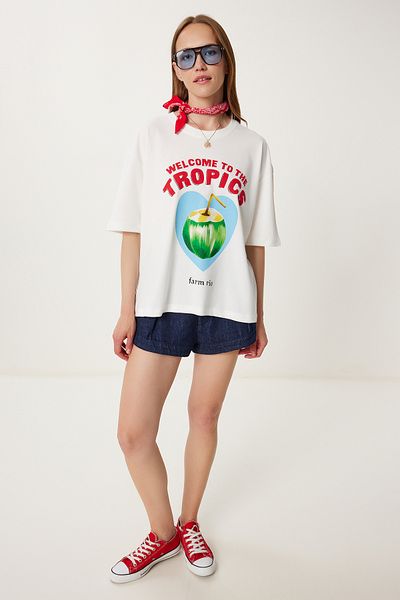 Happiness İstanbul Women's Ecru Printed Cotton Knitted T-Shirt Yy00239