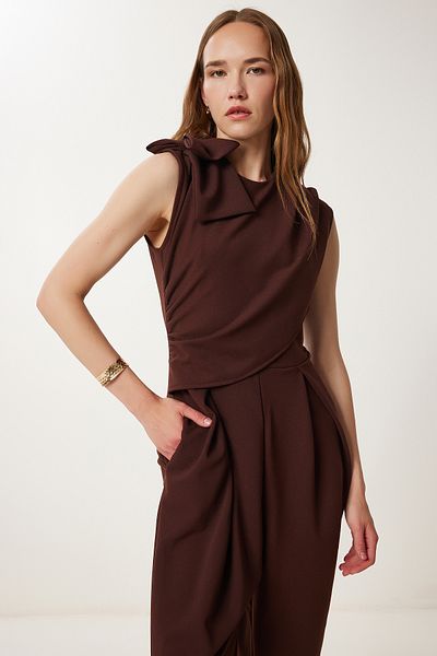 Happiness İstanbul Brauner gewebter Damen-Overall mit Schleifendetail WF00111