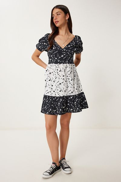 Happiness İstanbul Women's Black White Heart Pattern Summer Mini Dress Tp00052