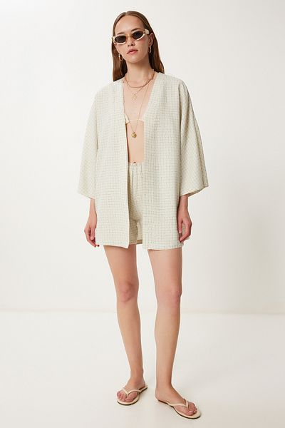 Happiness İstanbul Women's Stone Pattern Linen Kimono Shorts Set Wf00153