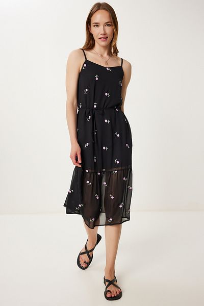 Happiness İstanbul Women Black Lilac Flower Embroidery Summer Chiffon Dress Tp00051