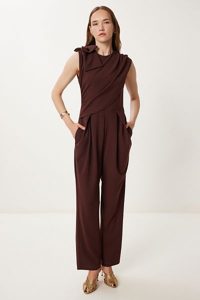 Happiness İstanbul Brauner gewebter Damen-Overall mit Schleifendetail WF00111