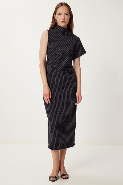 Happiness İstanbul Rochie de damă neagră cu dungi drapate cu fantă WF00155