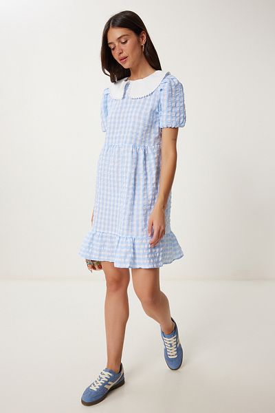 Happiness İstanbul Rochie mini țesută de vară în carouri albastru cer pentru femei TP00058