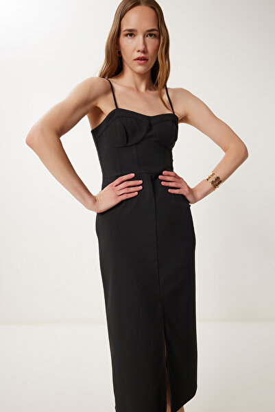 Happiness İstanbul Kadın Siyah Askılı Yırtmaçlı Midi Dokuma Elbise WF00146