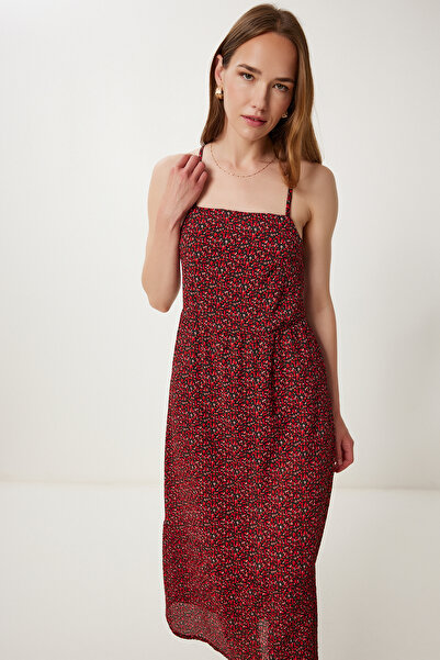 Happiness İstanbul Women's Burgundy Black Floral Patterned Strap Summer Midi Dress Tp00059