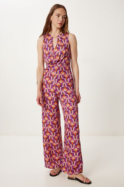 Happiness İstanbul Women's Beige Purple Patterned Satin Surface Jumpsuit Wf00122