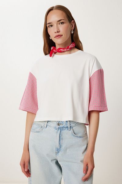 Happiness İstanbul Women's White Pink Checkered Knitted Crop T-Shirt Tp00088