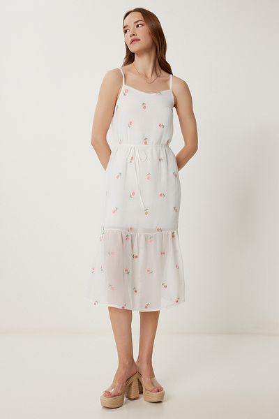 Happiness İstanbul Women's Ecru Pink Floral Embroidered Summer Chiffon Dress Tp00051