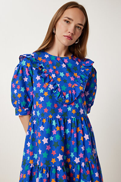 Happiness İstanbul Rochie de vară midi din poplin cu model albastru închis FK00032