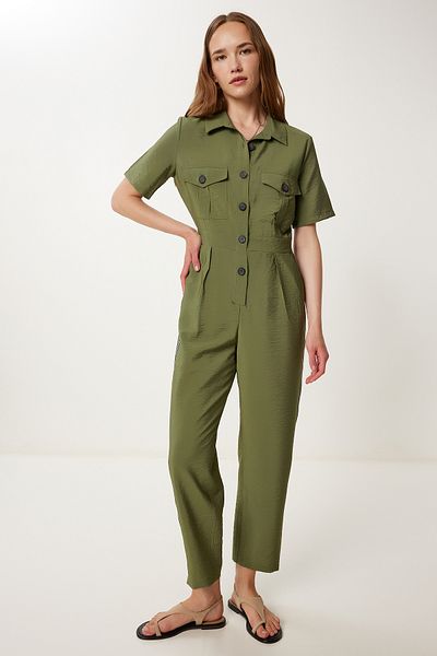 Happiness İstanbul Khakifarbener, gestreifter, detaillierter Ayrobin-Jumpsuit für Damen WF00134