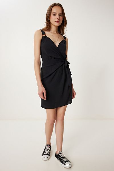 Happiness İstanbul Women's Black Strap Summer Mini Ayrobin Dress Gx00008