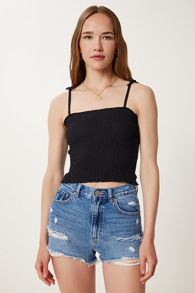 Happiness İstanbul Women's Black White 2 Pack Strap Flexible Crop Knitted Blouse Wf00157