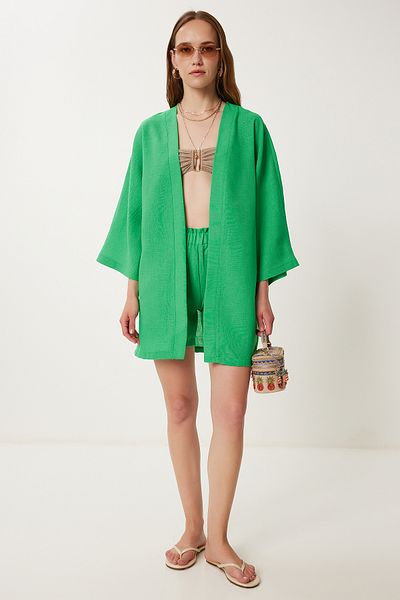 Happiness İstanbul Dunkelgrünes Leinen-Kimono-Shorts-Set für Damen WF00105