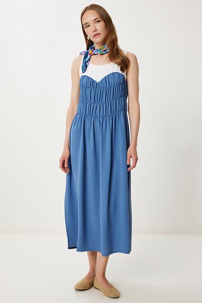 Happiness İstanbul Women's Cobalt Blue Contrast Color Flounced Midi Ayrobin Dress Tp00063