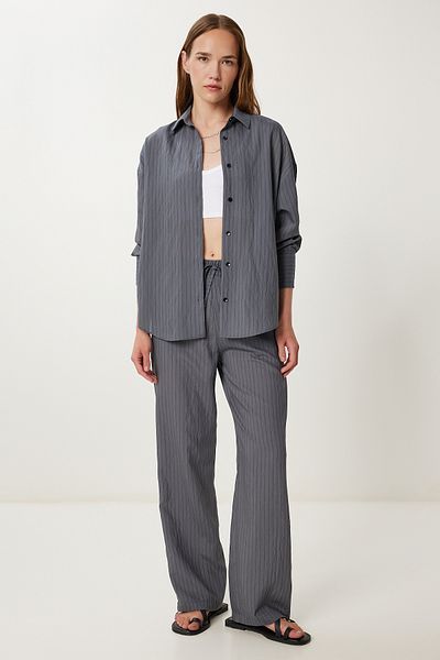 Happiness İstanbul Women's Anthracite Striped Shirt Pants Set Wf00138