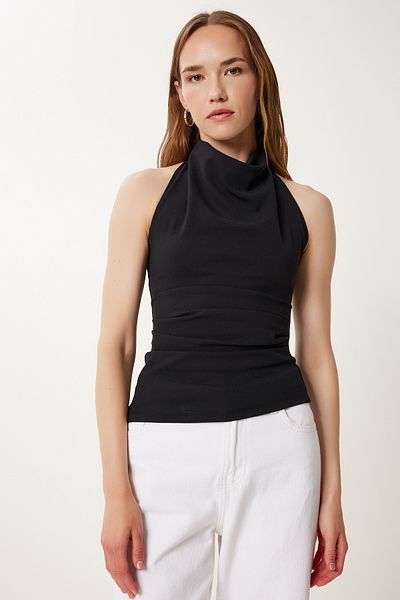 Happiness İstanbul Women's Black Back Belt Low-Cut Woven Blouse Wf00152