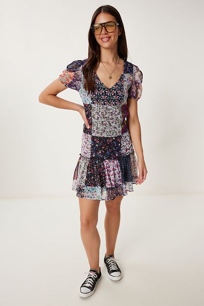 Happiness İstanbul Women's Black Pink Ethnic Patterned Summer Chiffon Dress Tp00057