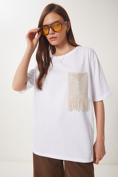 Happiness İstanbul Women's White Oversize Embroidery Pocket Knitted T-Shirt Zv00277