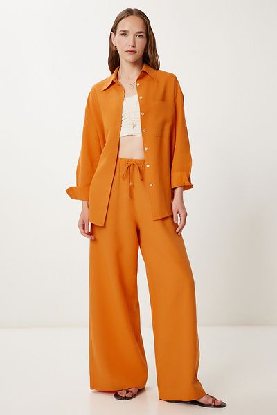 Happiness İstanbul Orangefarbener Oversize-Leinenhemden-Hosenanzug für Damen WF00118