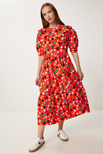 Happiness İstanbul Γυναικείο Καλοκαιρινό Μίντι Ποπλίνα Φόρεμα με μοτίβο λουλουδιών ρόδι FK00032