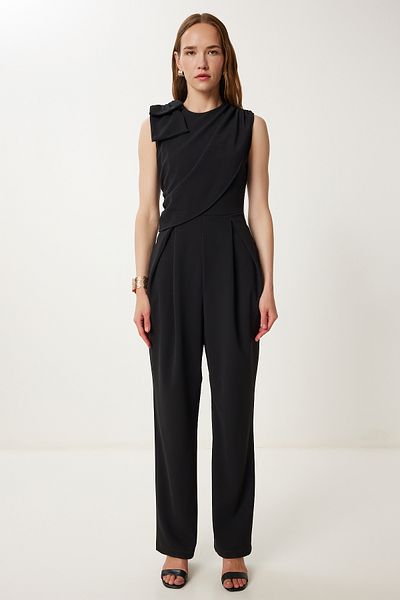 Happiness İstanbul Women's Black Bow Detailed Woven Jumpsuit Wf00111