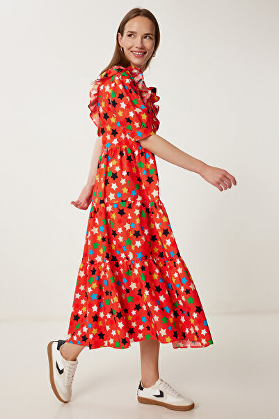 Happiness İstanbul Γυναικείο Καλοκαιρινό Μίντι Ποπλίνα Φόρεμα με μοτίβο λουλουδιών ρόδι FK00032