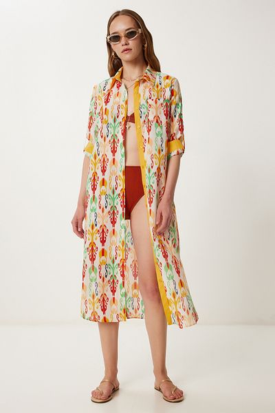 Happiness İstanbul Rochie cămașă midi de vară cu model os galben WF00114
