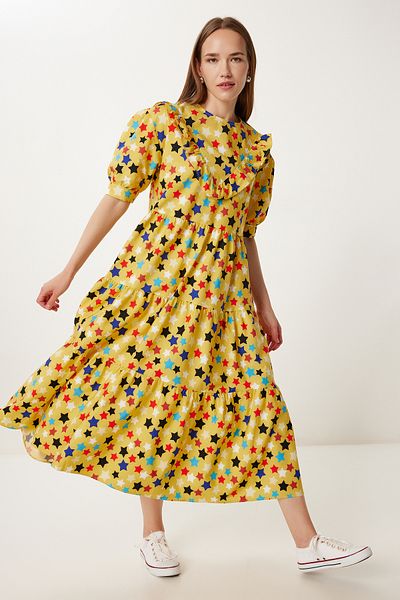 Happiness İstanbul Rochie de vară midi din poplin cu model galben FK00032