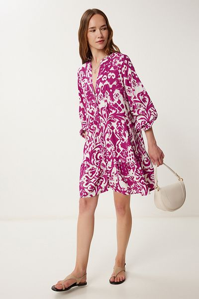 Happiness İstanbul Women's Plum Cream Patterned Flowing Shirt Dress Wf00115