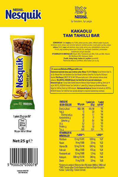 Nesquik Nestlé Nesquik Kakaolu Tam Tahıllı Bar 32x25g