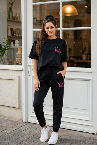 Trendyol Collection Slogan Printed Black Knitted T-Shirt and Pants Set - Twoss25Au00098