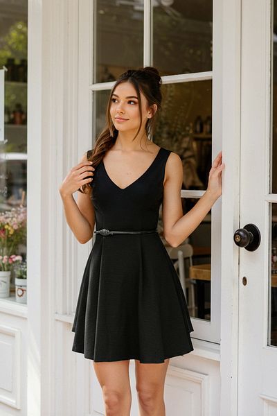 Trendyol Collection Μαύρο Skater/Μίνι πλεκτό φόρεμα με λαιμόκοψη V με ανοιχτή μέση TWOSS25EL00358