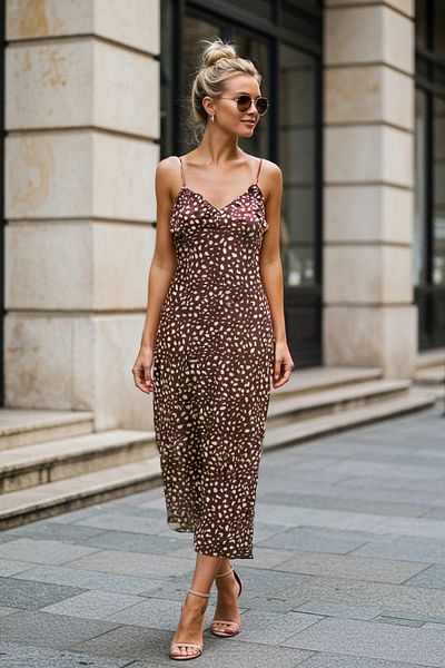 Trendyol Collection Καφέ πουά Flounces / Ruffle Maxi πλεκτό φόρεμα TWOSS25EL00353