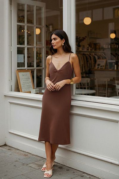 Trendyol Collection Καφέ μονόχρωμο φιόγκο Midi λουράκι ελαστικό πλεκτό φόρεμα TWOSS25EL00322