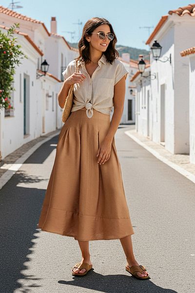Trendyol Collection Ανοιχτό καφέ ντραπέ υφασμάτινη φούστα σε γραμμή Α Midi μήκους TWOSS25ET00072