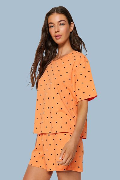 Trendyol Collection 100% bavlna, oranžové puntíky a srdíčko, pyžamový set THMSS21PT1485