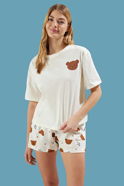 Trendyol Collection Sada pleteného pyžama Ecru Animal Single Jersey Thmss25Pt00064