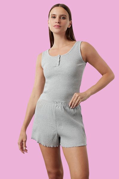 Trendyol Collection Šedý knoflík z melanže Detailní žebrované bavlněné tílko-šortky Pletené pyžamové soupravy THMSS23PT00179