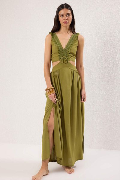 Trendyol Collection Khaki Maxi Woven Tassels Beach Dress Tbess21El3624