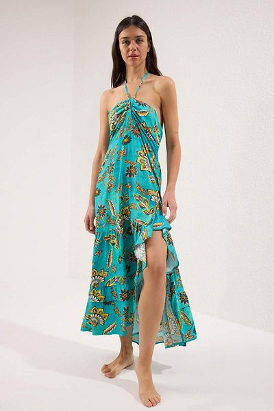 Trendyol Collection Floral Pattern Woven Halter Neck Ruffle Detail Beach Dress Tbess25El00119