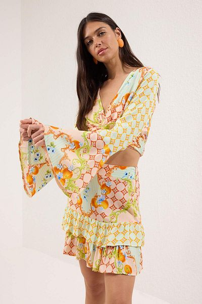 Trendyol Collection Yellow Ethnic Patterned Flounces Blouse Skirt Beach Suit Tbess25Au00031
