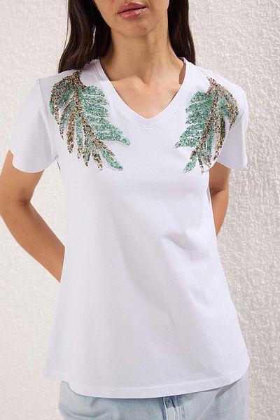 Edit by Trendyol Ecru Knitted T-Shirt with Sequins - 100% Cotton, Regular Fit Tedss25Ts00000